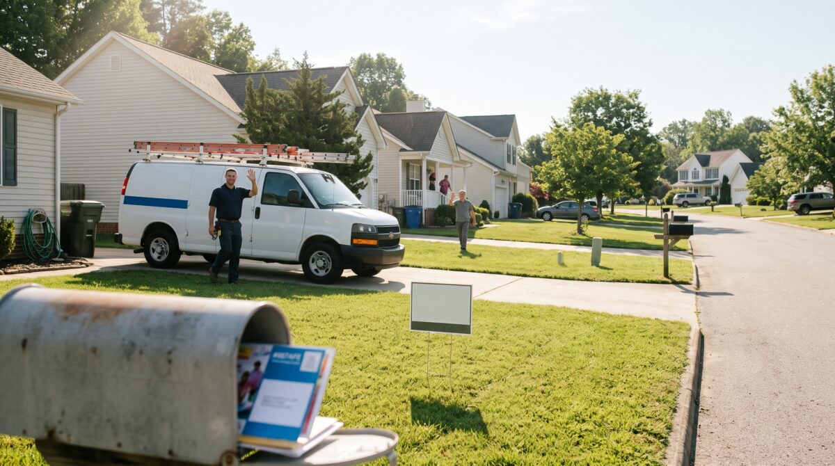 Contractor waving to neighbors on a suburban street, with a postcard in the mailbox