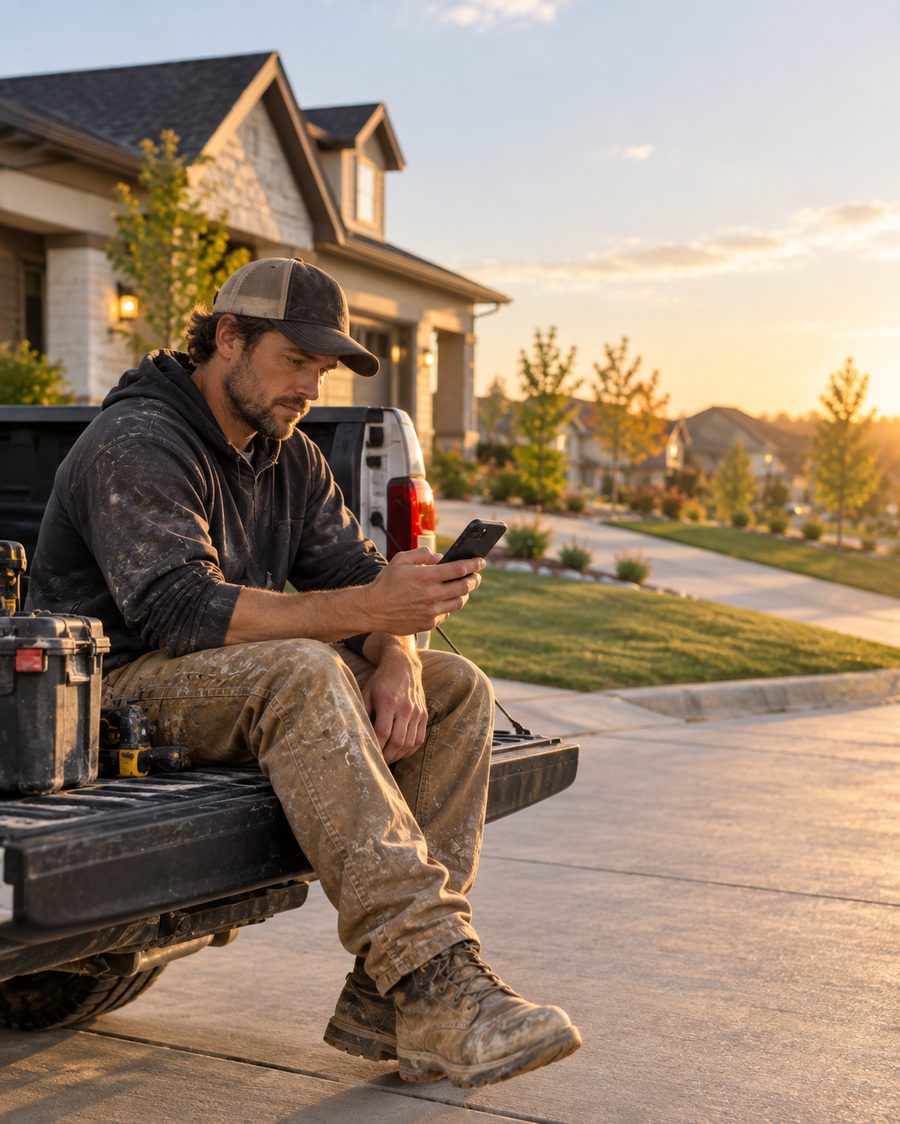 Contractor sitting on his truck's tailgate after a job, checking his phone