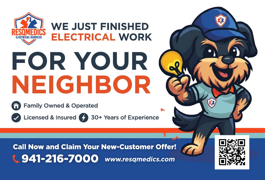 Real SendJim neighbor postcard from ResQmedics Electrical Services: We just finished electrical work for your neighbor