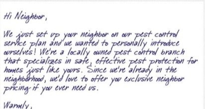 Real handwritten neighbor card from Insight Pest Solutions, written in blue ballpoint pen
