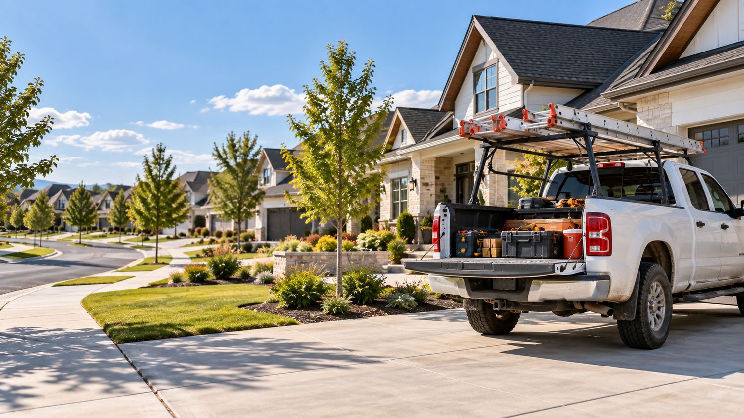 Work truck with ladder rack parked in the driveway of a finished home on a suburban street