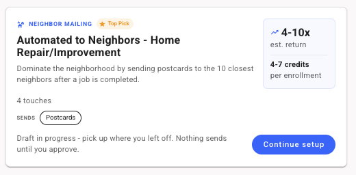 Automated to Neighbors playbook card marked Top Pick: 4 touches of postcards, estimated 4 to 10x return, with a Continue setup button