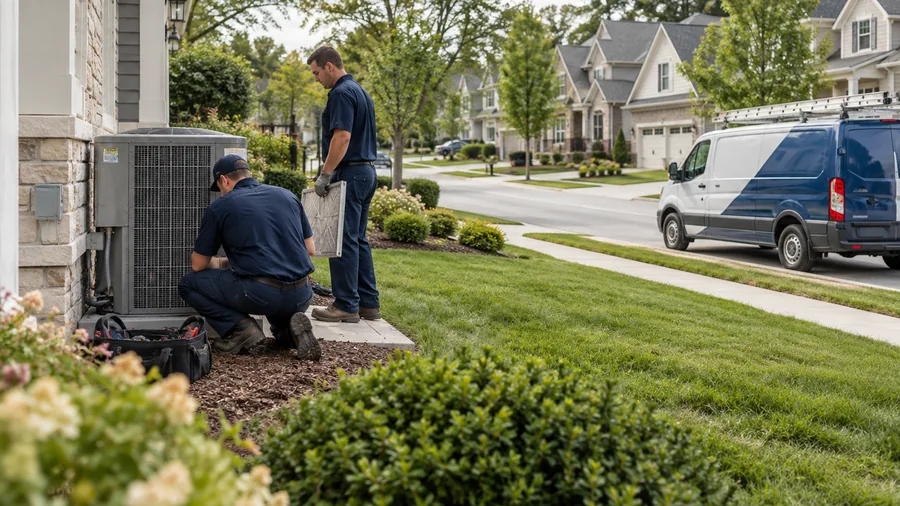 An HVAC crew servicing a unit beside a home, with their van at the curb and the rest of the street visible behind them