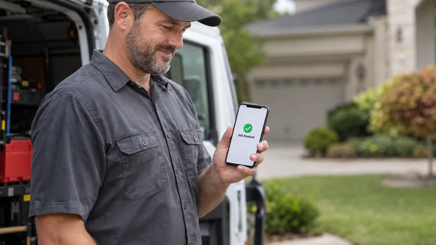 A technician standing by his van looking at a phone showing a job booked confirmation