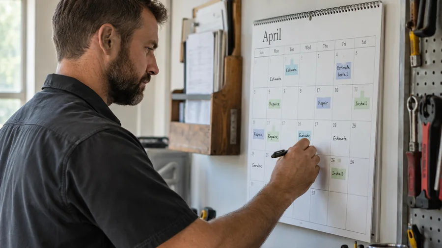 A business owner writing a new job onto a wall calendar in his shop