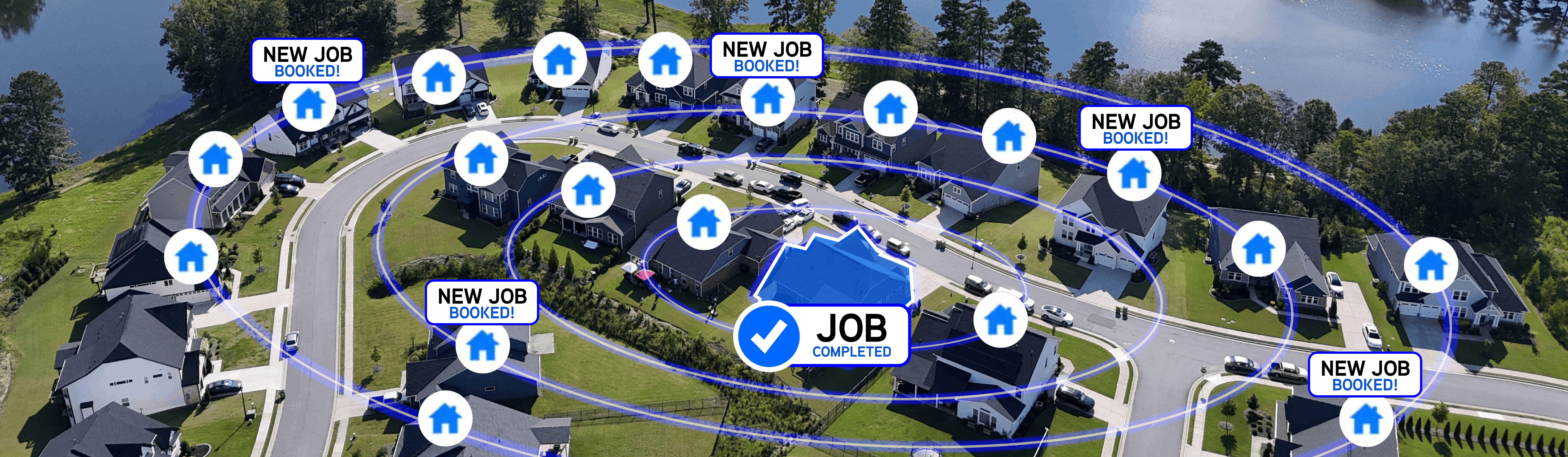 Aerial view of a neighborhood where one completed job leads to new jobs booked at nearby homes