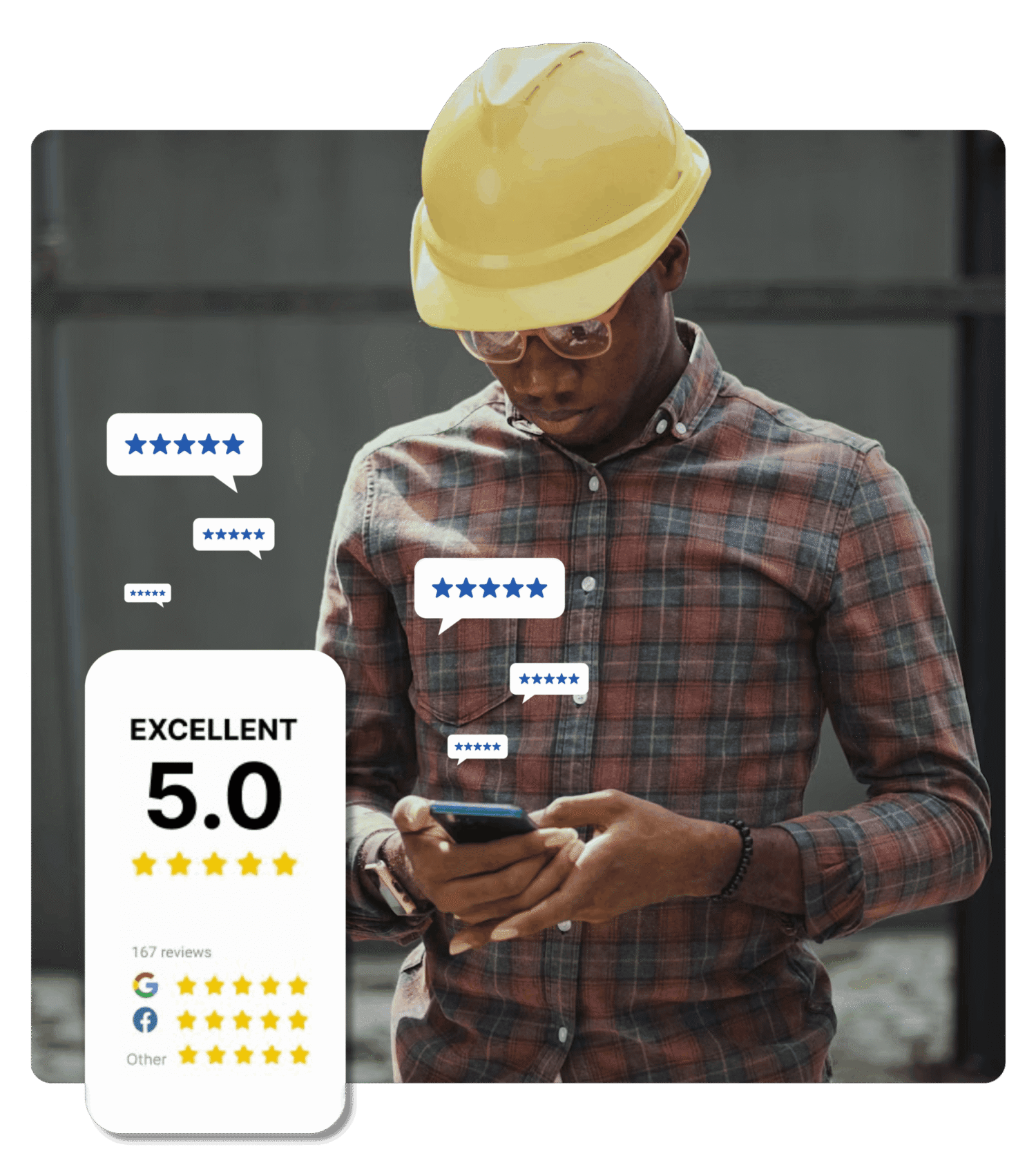 Contractor checking SendJim reviews on his phone with an excellent 5.0 rating across Google and Facebook