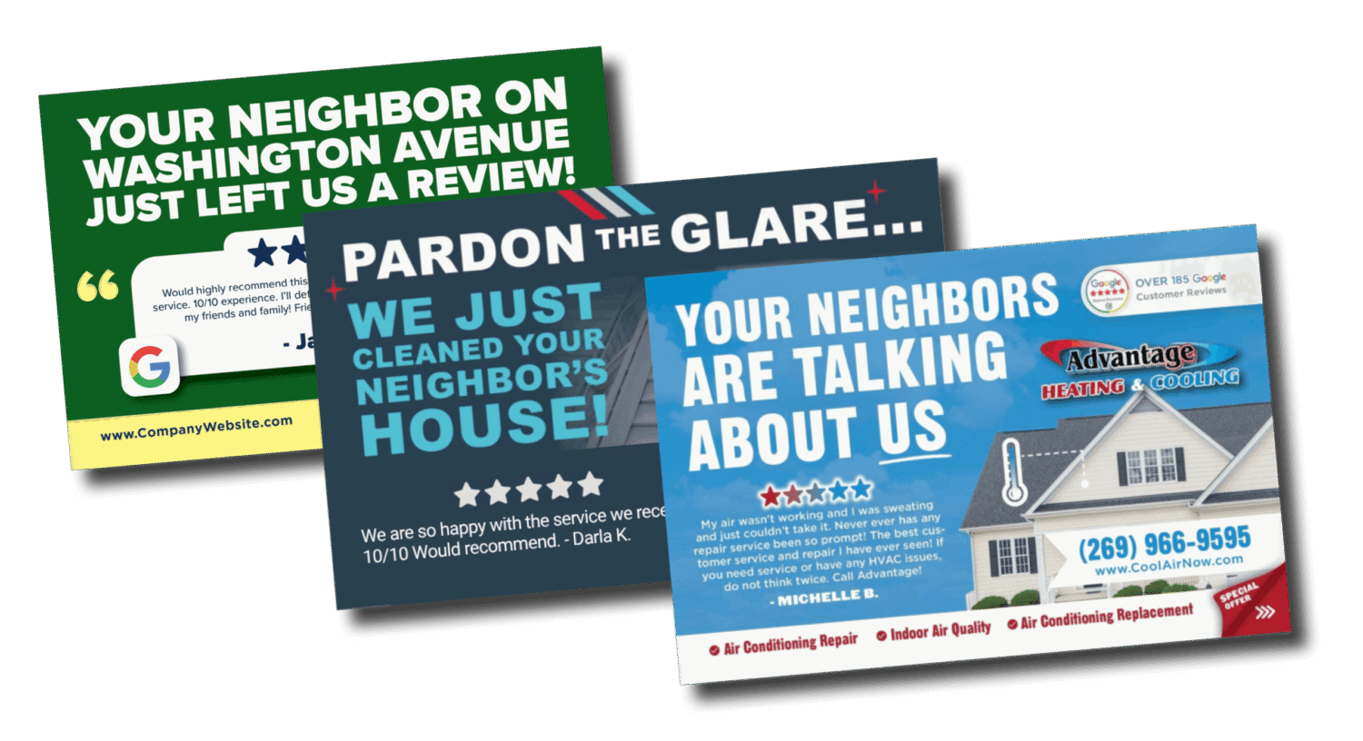 SendJim postcards featuring real customer reviews, mailed to the reviewer's neighbors