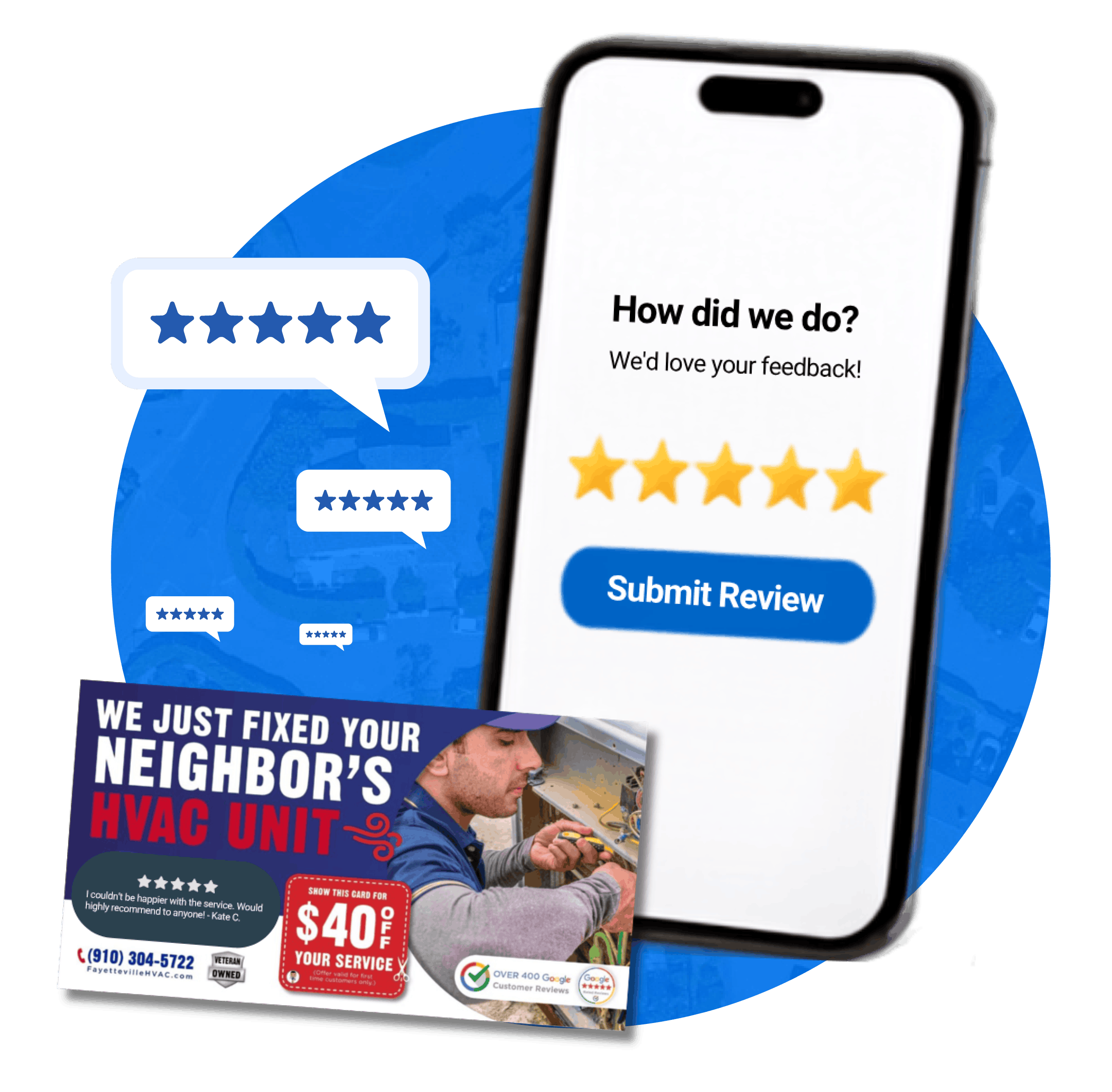 SendJim review request on a phone asking 'How did we do?' next to a neighbor postcard