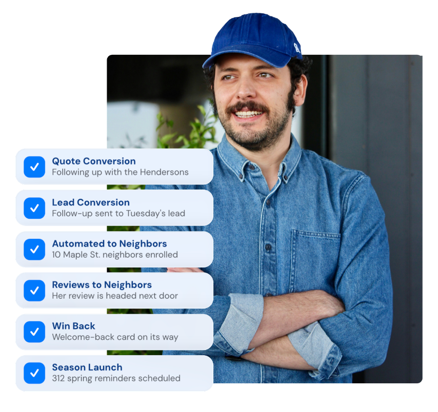 Home service contractor with SendJim campaign playbooks running: Quote Conversion, Lead Conversion, Automated to Neighbors, Reviews to Neighbors, Win Back and Season Launch