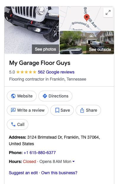 My Garage Floor Guys Google Business Profile showing 5.0 stars and 560 Google reviews